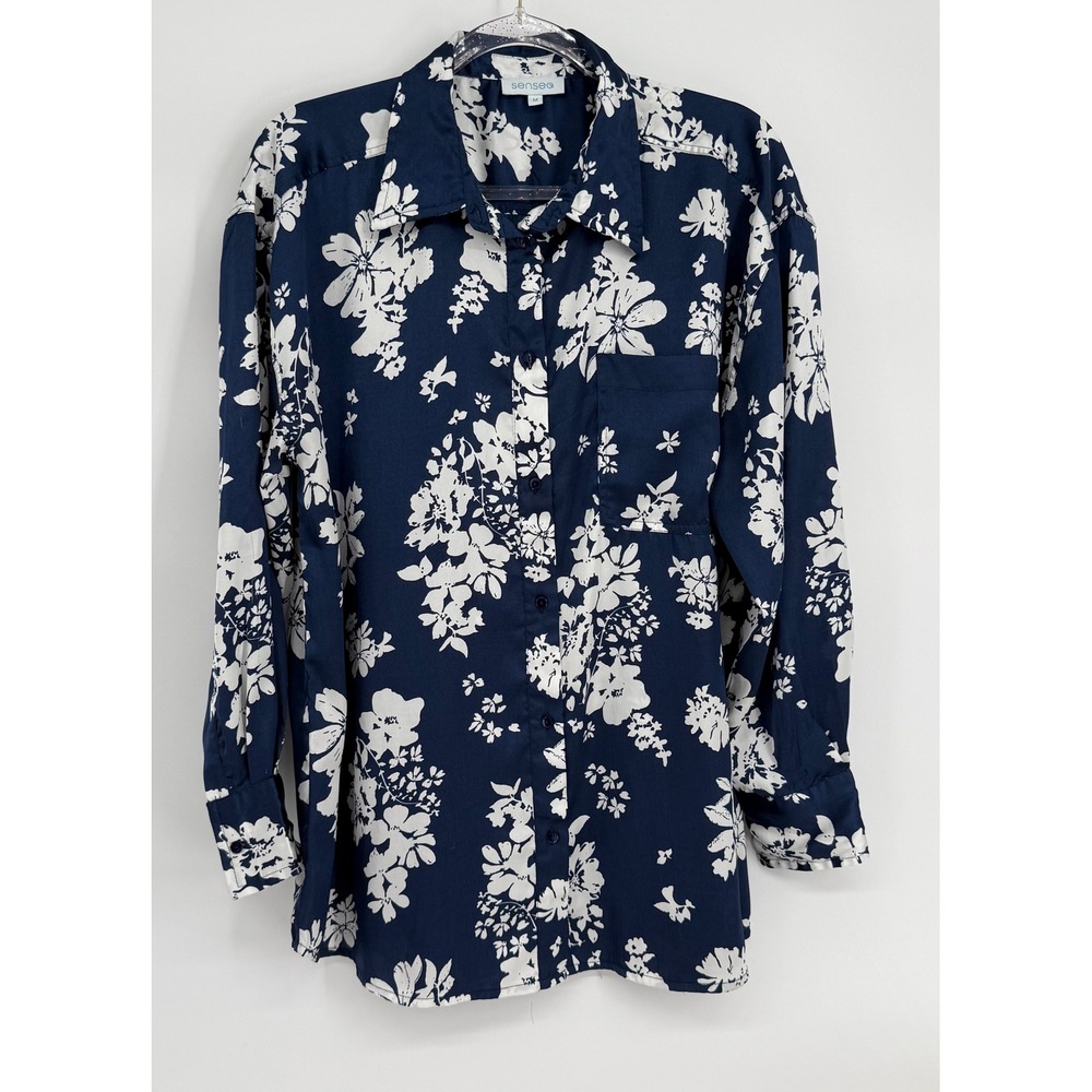 Sensea Womens‎ Navy Blue White Floral Button Down Blouse Long Sleeve Sz M